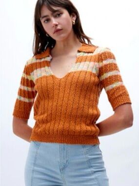 Free People Now and Then Sweater NWT Cinnamon Combo Collared Knit Henley S